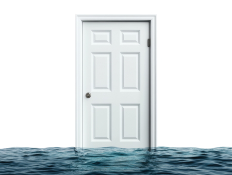Door rises from floodwaters in surreal nature-architecture scene, cut out