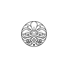 Minimalist Sun and Waves Circle Design, Monoline Art, Logo Element