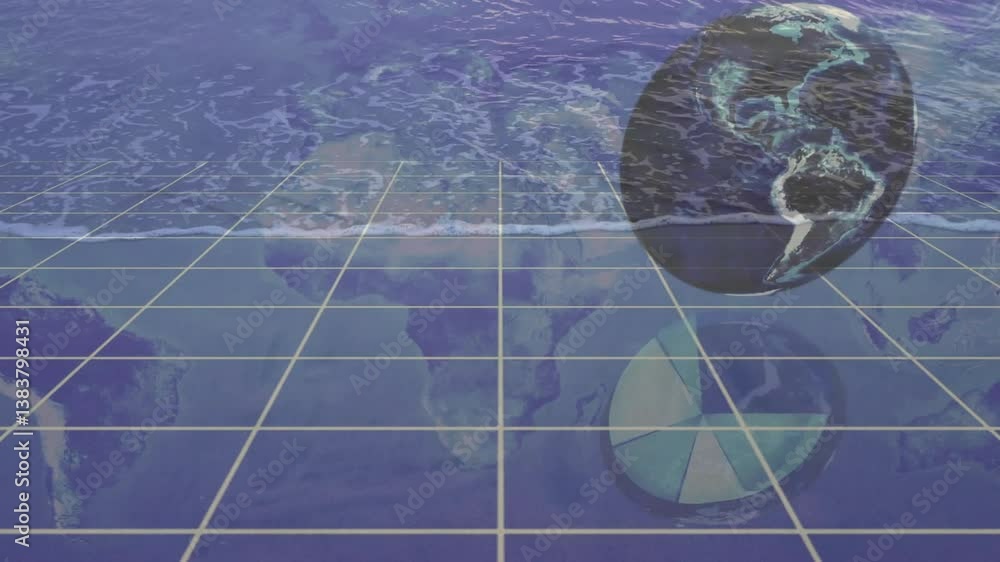 Poster reflecting earth globe on ocean waves, grid pattern creating animation effect