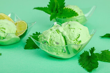 Trendy lemon balm ice cream. Chocolate drops, fresh leaves, ripe lemons. Refreshing summer dessert