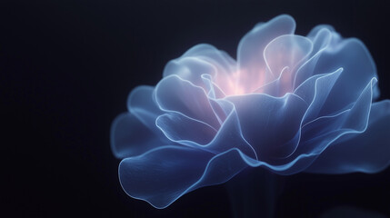 A blue rose glowing softly, an ethereal bloom against a dark background.