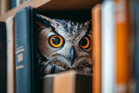 A close-up of an owl peering through the gaps between books on a shelf, showcasing its striking yellow eyes and detailed feathers