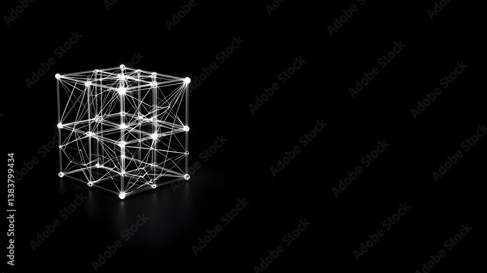 Poster geometric abstract cube with illuminated lines on black background