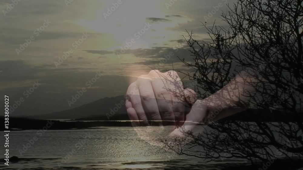 Poster holding globe with lightning animation over serene lake and tree branches