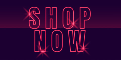 Shop now text neon sign. Vector illustration for special offer, promotion, online shopping, exclusive offer, shopping cart, buy now