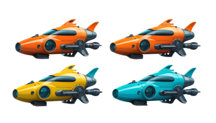 four futuristic underwater exploration vehicles vibrant colors png