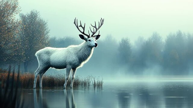 Mystical Albino Deer in a Foggy Lake: A serene albino deer stands gracefully in the misty water of a tranquil lake, surrounded by a serene and foggy landscape.