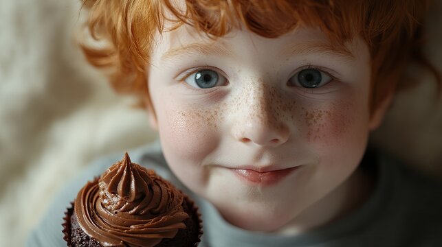 Close up of a red haired boy with freckles holding a chocolate cupcake looking at the camera smiling