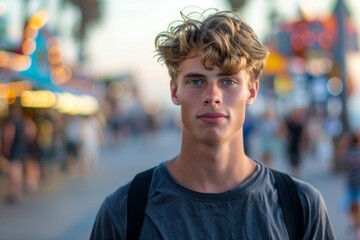 Fototapeta premium Portrait of a young Caucasian man on the boardwalk in Los Angeles