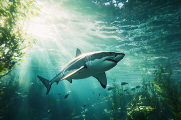 Naklejka premium A photorealistic underwater scene of a great white shark gliding through crystal-clear water with cinematic lighting and a school of fish in stunning 4K resolution