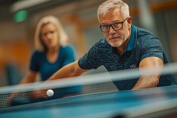 An older man playing table tennis with a partner in competition