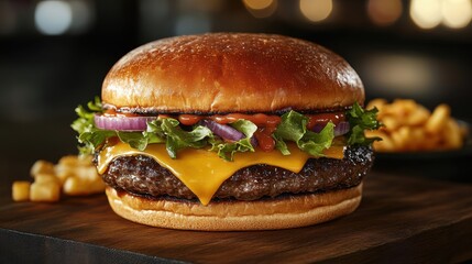 A juicy burger with melted cheese, fresh lettuce, and dripping sauce on a wooden board with soft bokeh lighting