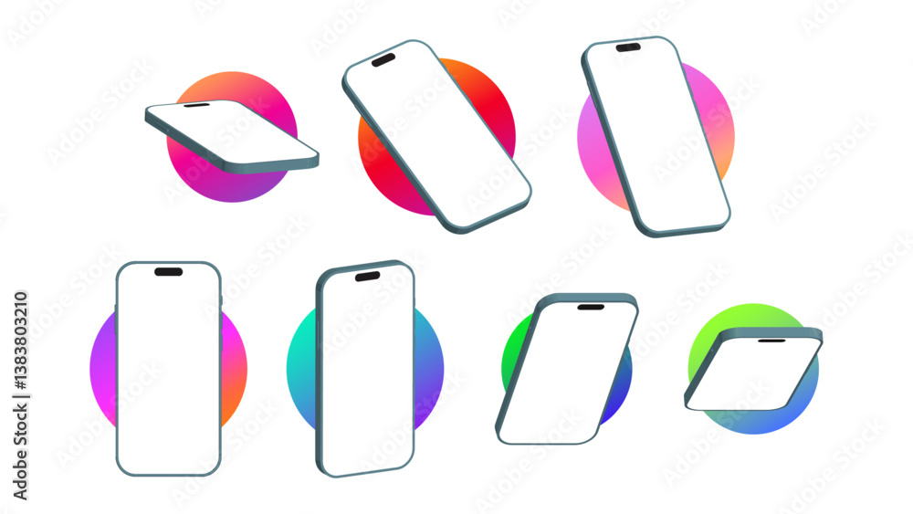 Poster modern smartphone in different angles – realistic 3d vector templates with blank screens for ui mock