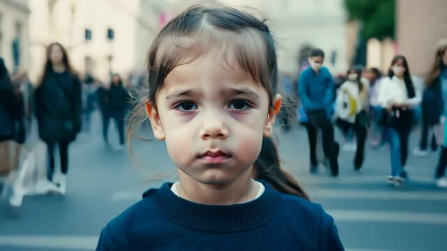 Little girl stands alone in a busy street, looking lost and sad as people rush by in a fast-paced timelapse