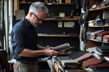 Professional designer evaluates materials in a creative workspace Generative AI