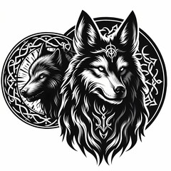 Celtic-inspired dual wolf heads with intricate knotwork in black and white.