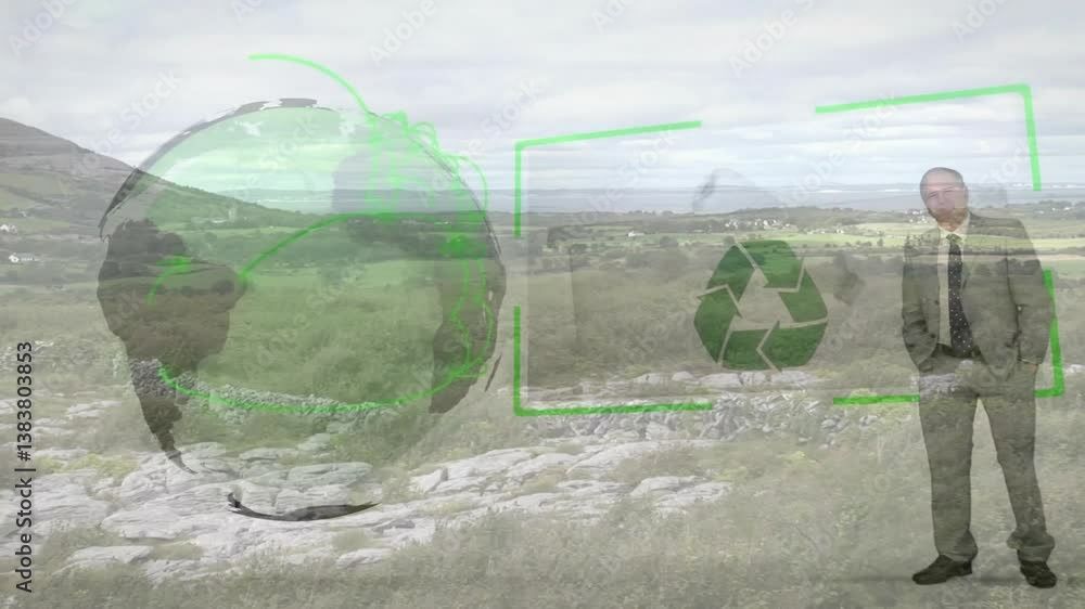 Aufkleber man using tablet with recycling and globe animation over scenic landscape