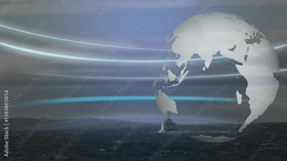 Aufkleber globe animation over ocean scene with boat and dynamic light trails