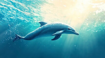 Fototapeta premium Dolphin swimming underwater, sun rays illuminating.