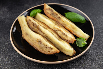 Eggplant baked vegetable cooking tasty fresh gourmet food background table rustic food top view copy space