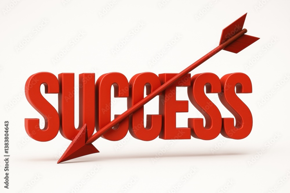Poster targeting success: 3d render of the word success in bold red letters with a red arrow shooting throu