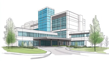 Modern hospital architectural sketch, landscaped grounds, sunny day, medical design