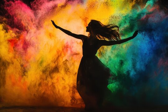 Silhouette of a beautiful young woman dancing against colorful powder background Colorful explosion of color powder with a silhouette of a dancing woman .