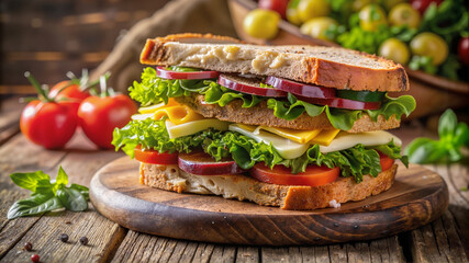 Sandwich with lettuce, tomato and deli meat on wooden board