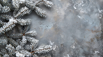 Frosted pine branches on a textured gray background with scattered snow like particles creating a winter scene