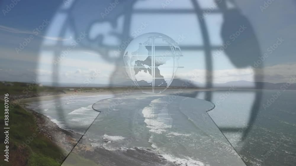 Aufkleber globe and keyhole animation over coastal landscape with waves and cliffs