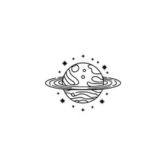 Minimalist Saturn Planet Illustration with Stars, Line Art Design