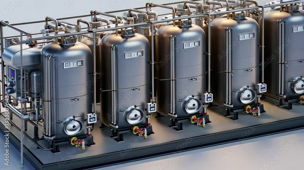 Poster high-tech industrial processing system shown in 4k with multiple silver tanks and intricate piping a