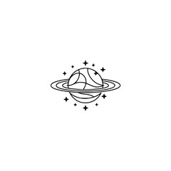 Minimalist Planet with Rings and Stars - Line Art Icon