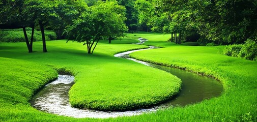 Fototapeta premium Serene Flowing Stream in Lush Green Landscape Under Bright Sky
