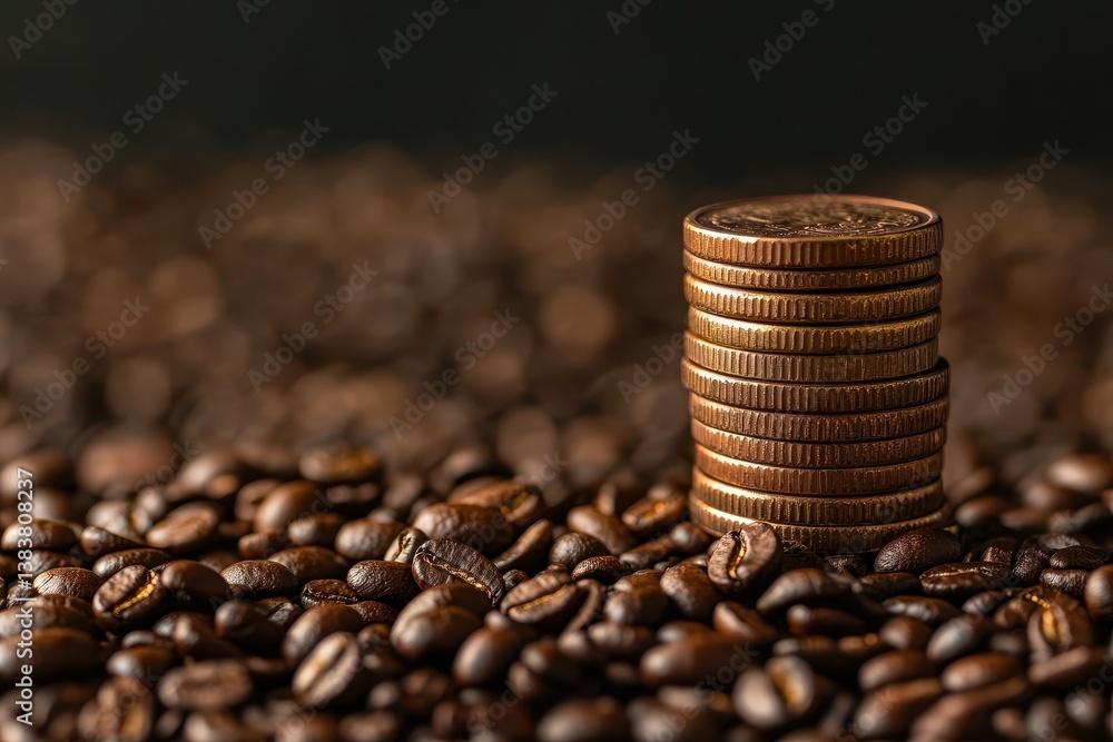 Poster stacks of coins on a dark background shallow depth of field coffee beans closeup can be used as a ba