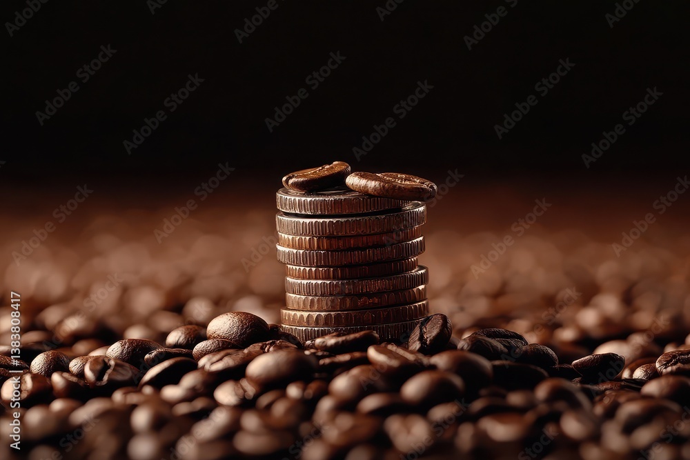 Poster stacks of coins on a dark background shallow depth of field coffee beans closeup can be used as a ba