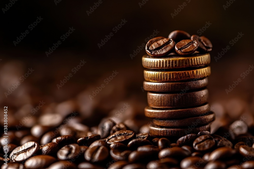 Poster stacks of coins on a dark background shallow depth of field coffee beans closeup can be used as a ba