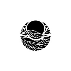 Fototapeta premium Minimalist Black & White Sea Logo: Sun, Waves, Nature.