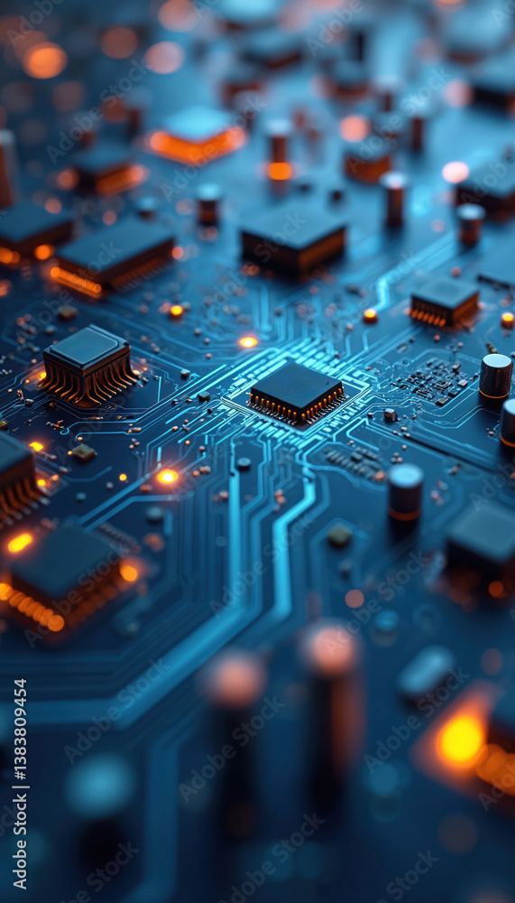 Poster Blue tech circuit board illustration. Microchips, processors, components, circuits, boards, engineering. Futuristic digital tech hardware for computer design. Abstract tech background.