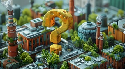 Urban Factory with Question Mark Symbolizing Industry Challenges and Sustainability