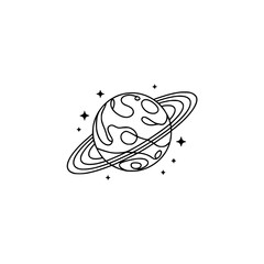 Minimalist Line Art Planet with Rings and Stars - Vector Illustration