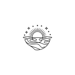 Minimalist Sun & Sea Logo: Line Art Illustration, White Background