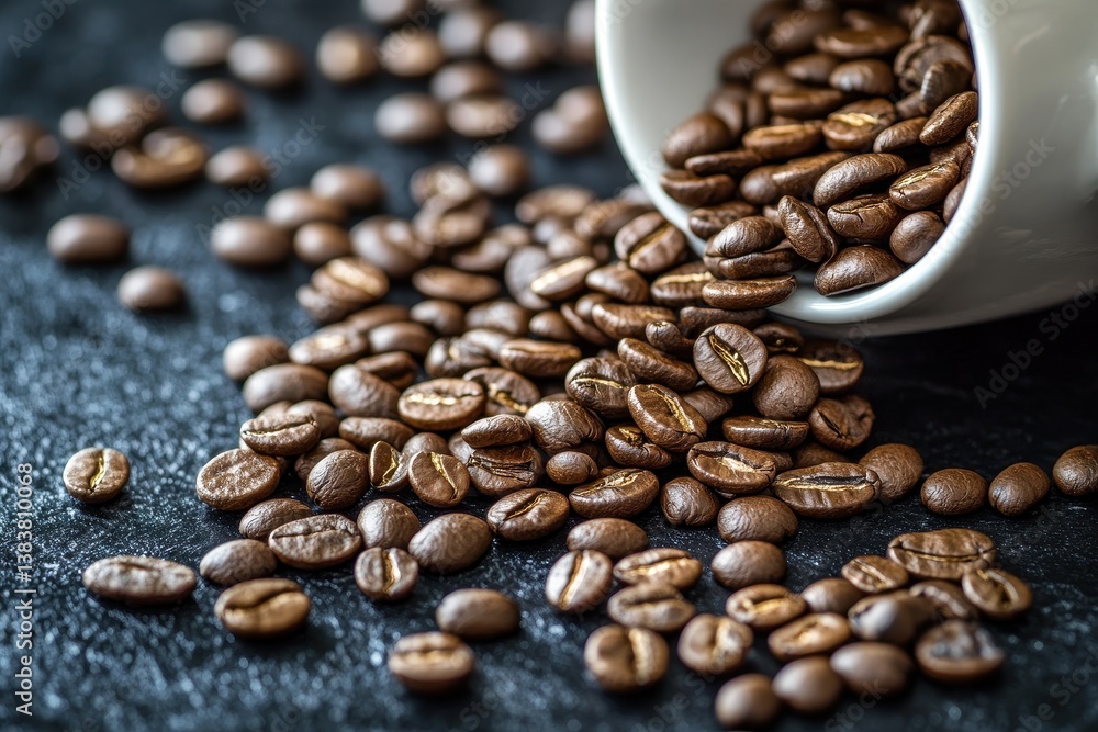 Poster stacks of coins on table with dark background business and finance concept coffee beans closeup can 