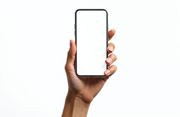 Woman hand holding smartphone with white screen. Isolated on white. Perfect for app, web design presentations. Female using digital device. Modern tech, communication, mobile phone mockup.