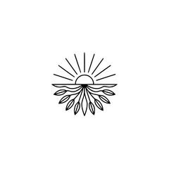 Minimalist Line Art Sun, Leaves, and Horizon Logo Design