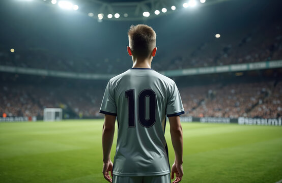 Young footballer stands before match. Male athlete in jersey with number ten looking at stadium. Sportsman on pro football field. Concept of victory. Back view of soccer player ready to compete.