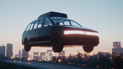 Aerial view of urban innovation futuristic flying taxi concept in digital art