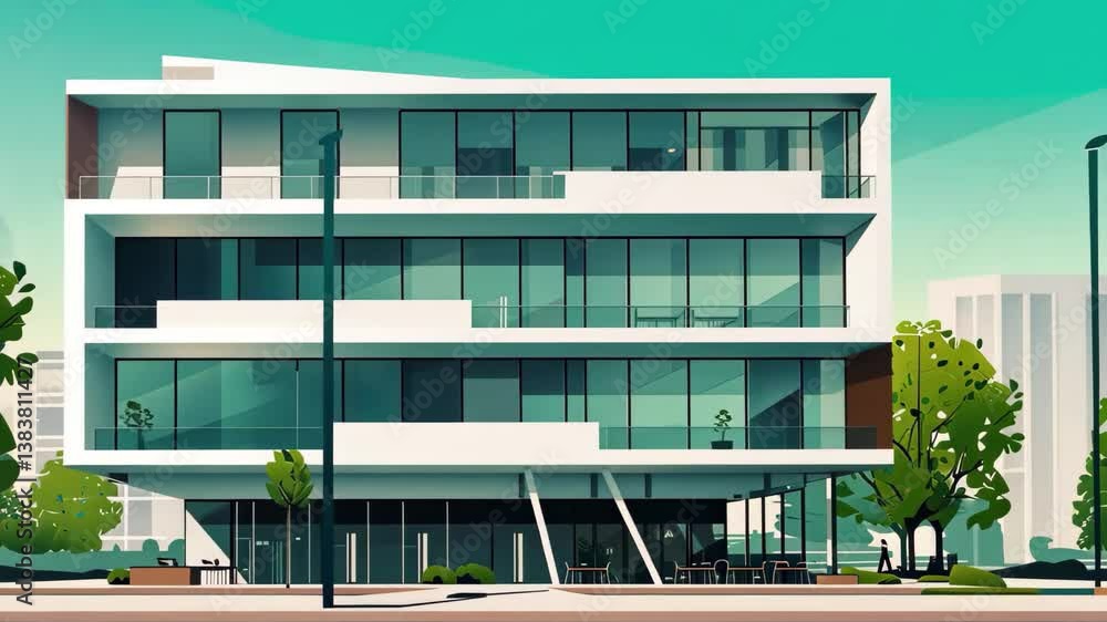 Poster modern architectural design of a sleek office building with large glass windows surrounded by greene