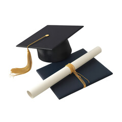 Graduation cap and diploma resting on a white background symbolizing academic achievement and success, Graduation hat and diploma on white background