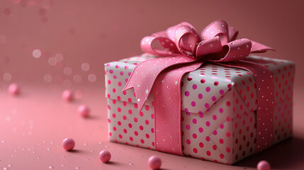 Fototapeta premium One packaging 3D rendering, light pink color gift box tied satin ribbon, copy space, Top view, flat lay luxury. Present birthday, Christmas, Valentines Day, Mothers Day